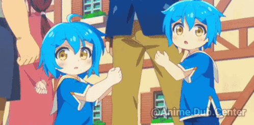 A Couple Of Blue Haired Anime Characters Standing Next To Each Other . GIF