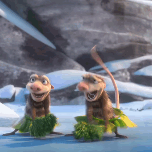 a couple of cartoon animals wearing green skirts