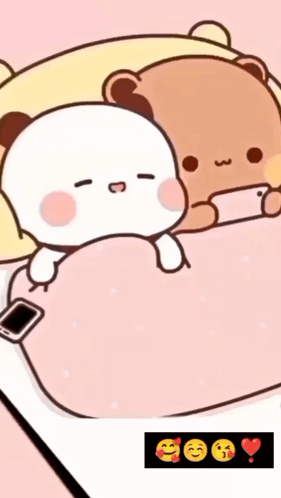 A Couple Of Cartoon Bears Are Laying On A Bed With A Cell Phone . GIF