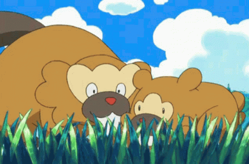 A Couple Of Cartoon Bears Laying In The Grass With A Blue Sky In The Background GIF