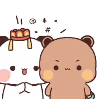 a couple of cartoon bears standing next to each other with a cake on their head .