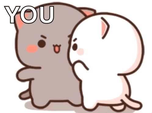 A Couple Of Cartoon Cats Are Standing Next To Each Other And Looking At Each Other . GIF