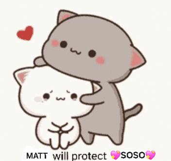 A Couple Of Cartoon Cats Hugging Each Other With The Words `` Matt Will Protect Soso '' . GIF