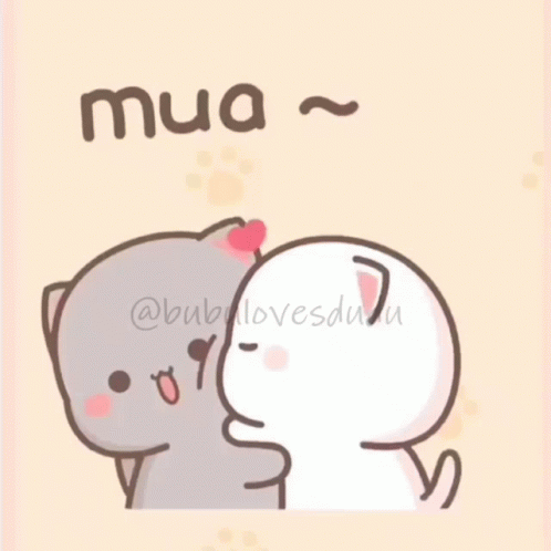 A Couple Of Cartoon Cats Hugging Each Other With The Words Mua Written On The Bottom GIF