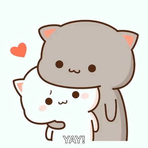 A Couple Of Cartoon Cats Hugging Each Other With The Words Yay Written Below Them GIF