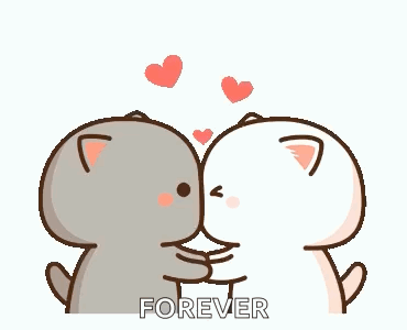 A Couple Of Cartoon Cats Kissing Each Other With Hearts Flying Around Them . GIF