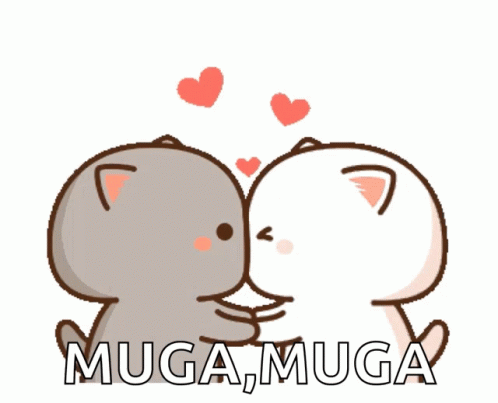 A Couple Of Cartoon Cats Kissing With The Words " Muga, Muga " Written Below Them GIF