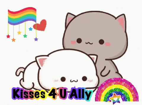 A Couple Of Cartoon Cats Laying Next To Each Other With The Words Kisses 4 U Ally Written Below Them GIF