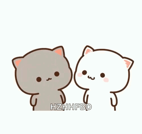 A Couple Of Cartoon Cats Standing Next To Each Other With A Heart In The Air . GIF