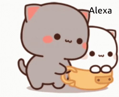 A Couple Of Cartoon Cats Standing Next To Each Other With The Name Alexa Written Above Them GIF