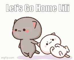 A Couple Of Cartoon Cats Standing Next To Each Other With The Words `` Let 'S Go Home Lili '' Written Above Them . GIF