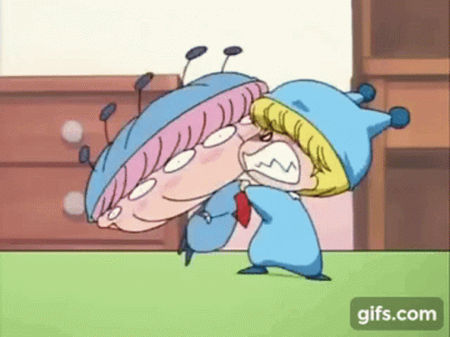 A Couple Of Cartoon Characters Are Fighting Each Other On A Carpet . GIF