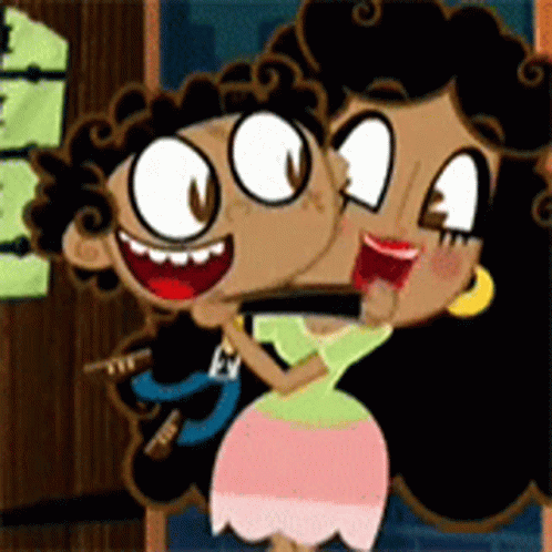 A Couple Of Cartoon Characters Are Hugging Each Other And Smiling . GIF
