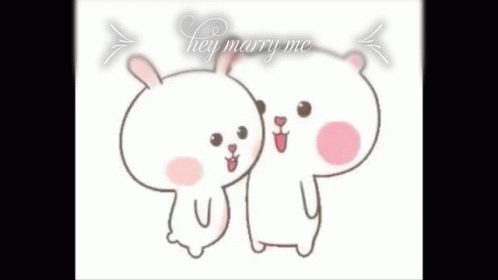 A Couple Of Cartoon Characters Are Hugging Each Other In Front Of A Pink Heart And The Words `` Hey Marry Me '' . GIF