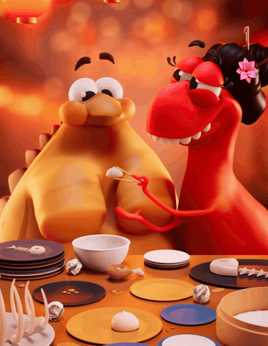 A Couple Of Cartoon Characters Are Sitting At A Table Eating Food GIF