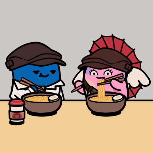 A Couple Of Cartoon Characters Are Sitting At A Table Eating Food GIF