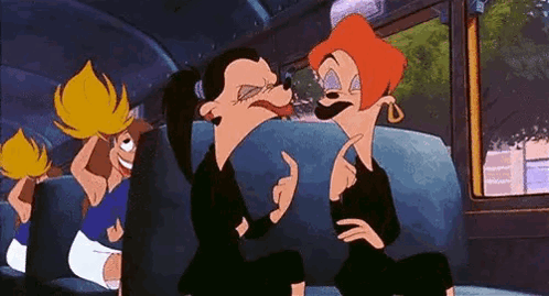 A Couple Of Cartoon Characters Are Sitting On A Bus And Talking To Each Other . GIF
