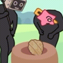 A Couple Of Cartoon Characters Are Standing Next To Each Other And One Of Them Has A Box On His Head . GIF