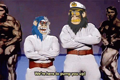 A Couple Of Cartoon Characters Are Standing Next To Each Other And One Of Them Says We 'Re Here To Pump You Up GIF