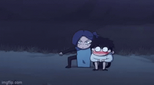A Couple Of Cartoon Characters Are Standing Next To Each Other At Night . GIF