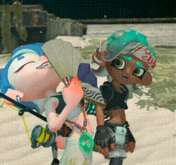 A Couple Of Cartoon Characters Are Standing Next To Each Other Holding A Fan . GIF