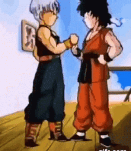 A Couple Of Cartoon Characters Are Standing Next To Each Other On A Wooden Deck . GIF