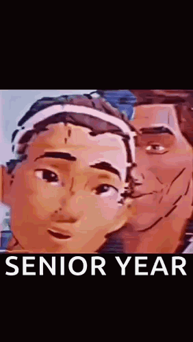A Couple Of Cartoon Characters Are Standing Next To Each Other With The Words `` Senior Year '' Written On The Bottom . GIF