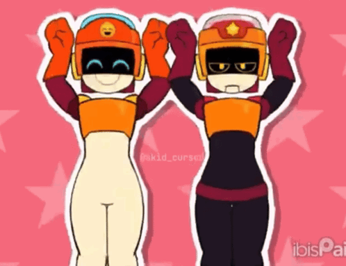 A Couple Of Cartoon Characters Are Standing Next To Each Other With Their Arms In The Air GIF