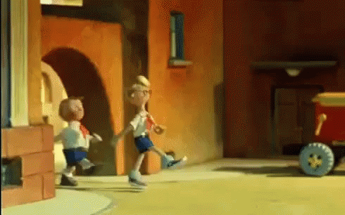 A Couple Of Cartoon Characters Are Walking Down A Street . GIF
