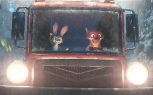 A Couple Of Cartoon Characters Driving A Red Truck GIF