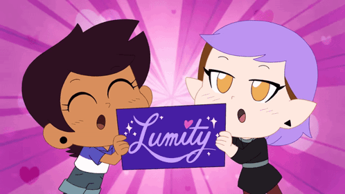 A Couple Of Cartoon Characters Holding A Sign That Says Lumity GIF