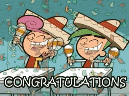 A Couple Of Cartoon Characters Holding Maracas With The Words Congratulations Written Below Them GIF