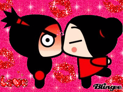 A Couple Of Cartoon Characters Kissing On A Pink Background GIF