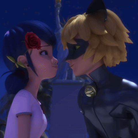a couple of cartoon characters kissing with a red rose in their hair