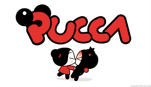 A Couple Of Cartoon Characters Kissing With The Word Pucca Behind Them GIF
