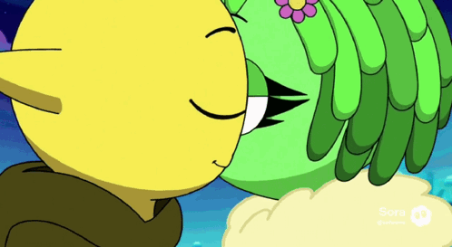 a couple of cartoon characters kissing with the word sora on the bottom right