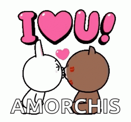 A Couple Of Cartoon Characters Kissing With The Words I Love U Amorchis Behind Them GIF