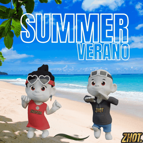 A Couple Of Cartoon Characters On A Beach With The Words Summer Verano GIF