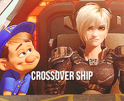 A Couple Of Cartoon Characters Sitting Next To Each Other With The Words Crossover Ship On The Bottom GIF