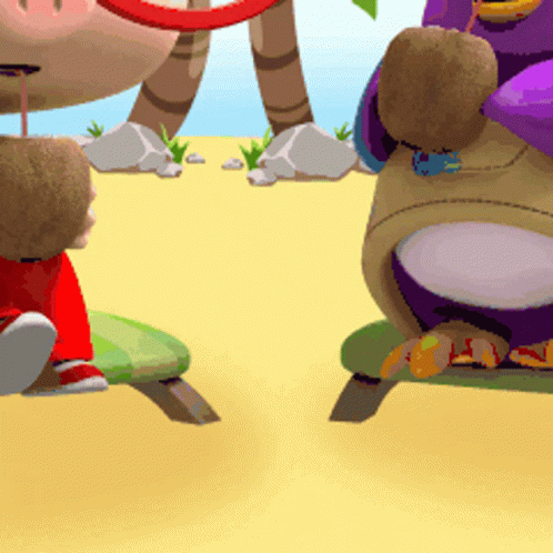 A Couple Of Cartoon Characters Sitting On A Beach GIF