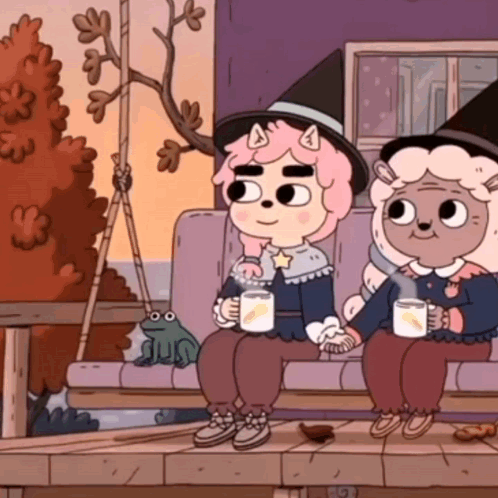 A Couple Of Cartoon Characters Sitting On A Couch Holding Cups Of Coffee GIF