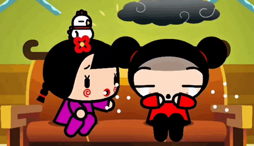 a couple of cartoon characters sitting on a couch with a cloud above them