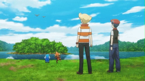 A Couple Of Cartoon Characters Standing In A Field GIF