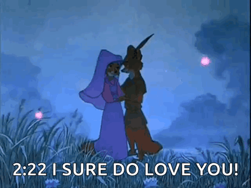 A Couple Of Cartoon Characters Standing In A Field With The Words 2:22 I Sure Do Love You . GIF