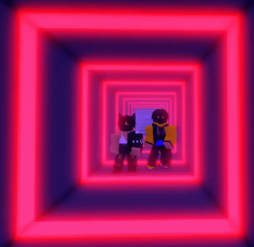 A Couple Of Cartoon Characters Standing In A Tunnel Of Red Lights GIF