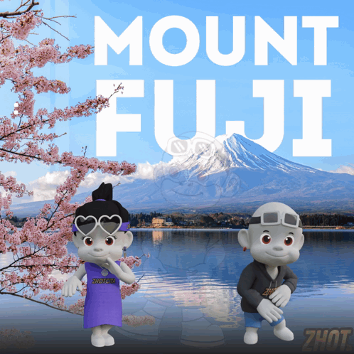 A Couple Of Cartoon Characters Standing In Front Of A Mountain Named Mount Fuji GIF