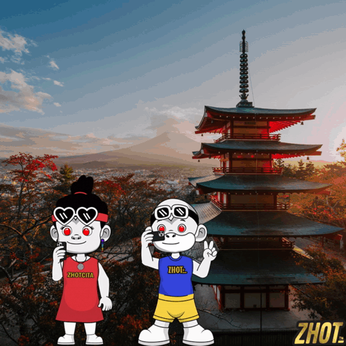 A Couple Of Cartoon Characters Standing In Front Of A Pagoda With The Word Zhot On The Bottom Right GIF