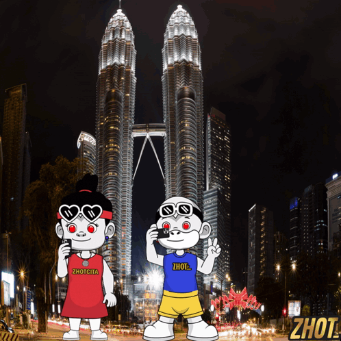 A Couple Of Cartoon Characters Standing In Front Of A Skyscraper One Of Whom Has The Word Zhot On His Shirt GIF