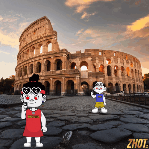 A Couple Of Cartoon Characters Standing In Front Of The Colosseum With The Word Zhout On The Bottom Right GIF