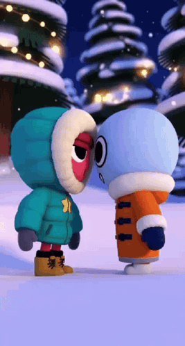a couple of cartoon characters standing in the snow